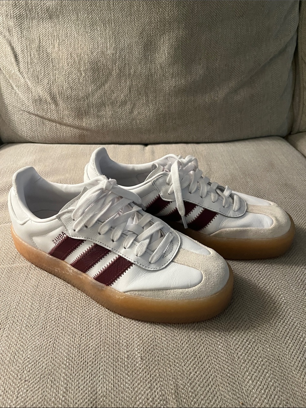 Adidas Samba Sneakers in White with Burgundy Stripes and Gum Sole - Picture 4 of 4